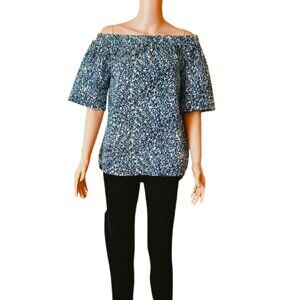 Michael Kors Off-Shoulder Top XS Blue Floral Print with Scoop Hem